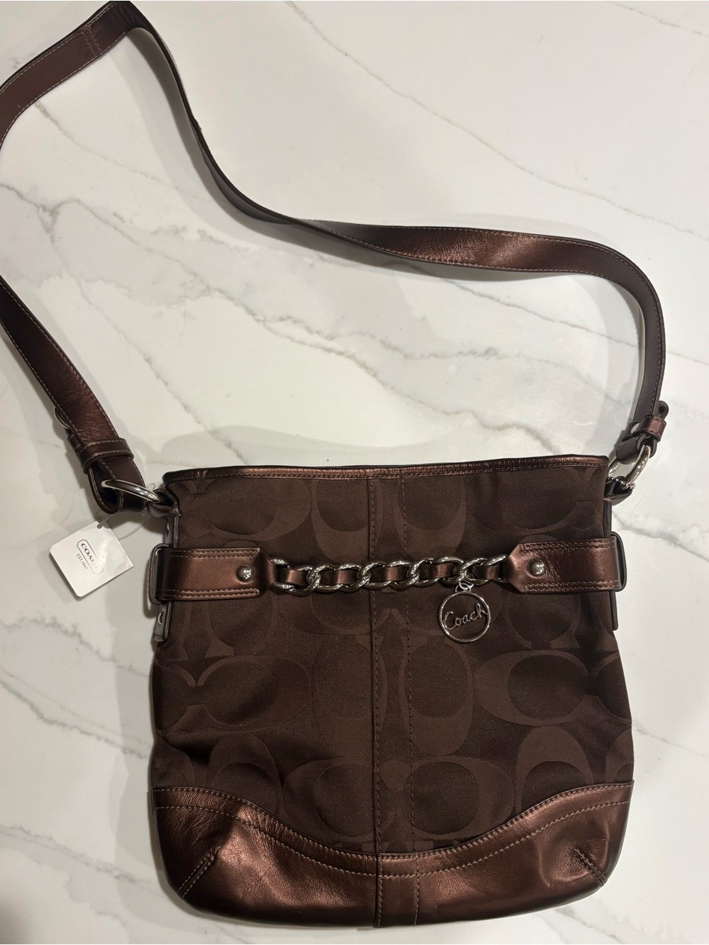 Coach Brown Signature Crossbody with Chain Accent